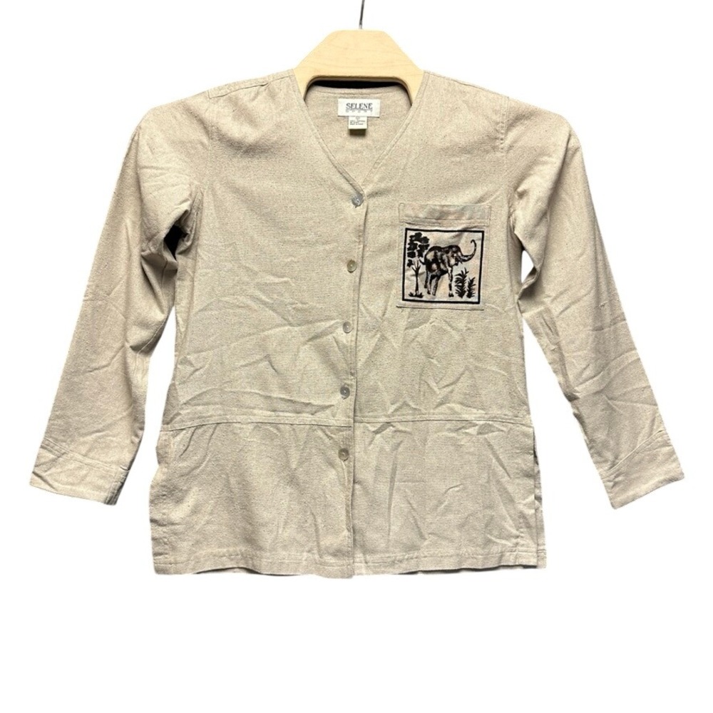 Selene Sport Raw Silk Elephant Embroidered Button Up Top Beige Safari V-Neck S